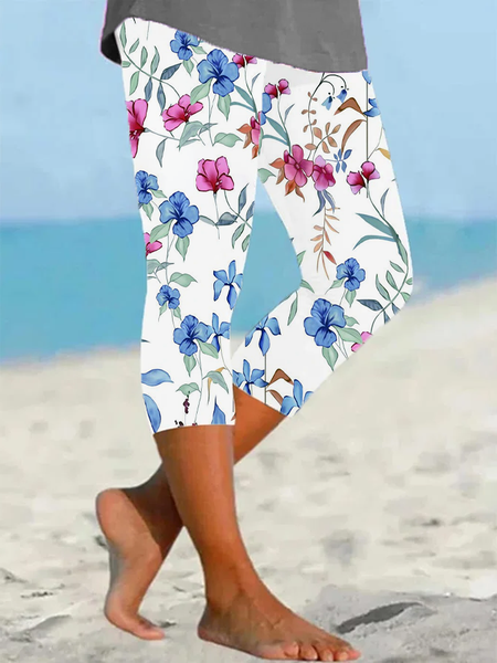 

Women Floral Capris Elastic Waist Pants Casual Summer Trousers, White, Leggings