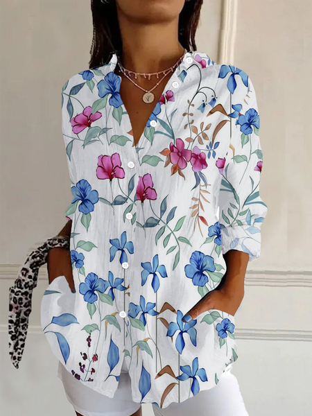 

Women Floral Long Sleeve Shirt Spring/Fall Buckle Shirt Collar Daily Casual Top, White, Shirts