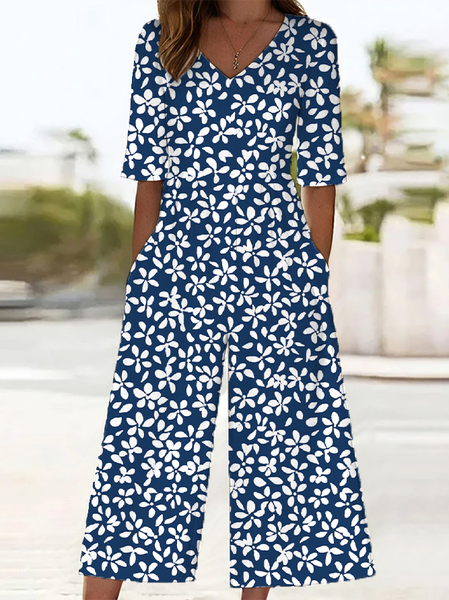 

Women Floral V Neck Half Sleeve Casual Summer Jumpsuit, Purplish blue, Jumpsuits＆Rompers