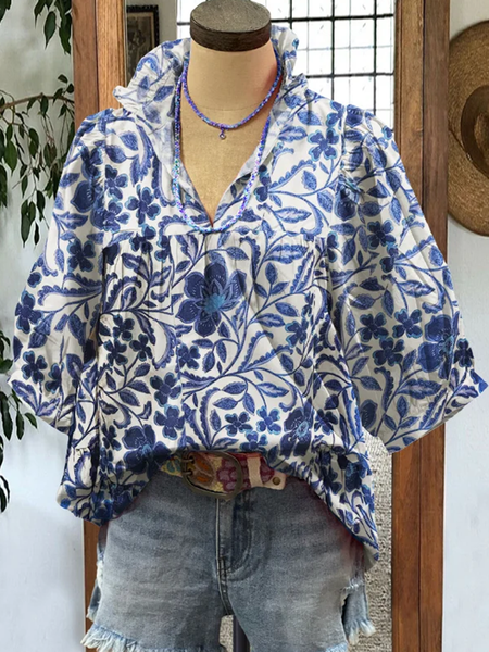 

Shawl Collar Half Sleeve Floral Regular Loose Blouse For Women, Blue, Blouses