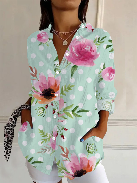 

Women Polka Dots Long Sleeve Shirt Spring/Fall Buckle Shirt Collar Daily Casual Top, Green, Shirts