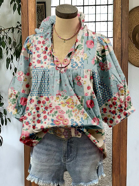 

Shawl Collar Half Sleeve Floral Regular Loose Blouse For Women, As picture, Blouses