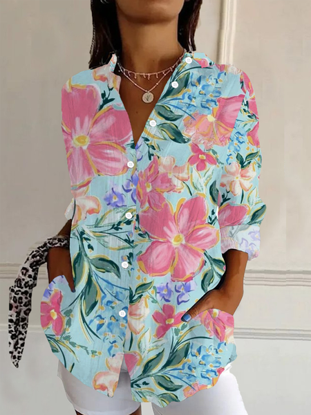 

Women Floral Long Sleeve Shirt Spring/Fall Buckle Shirt Collar Daily Casual Top, Blue, Shirts