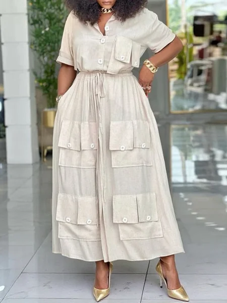 

Cotton And Linen Casual Plain Pockets Midi Dress, Khaki, Midi Dresses