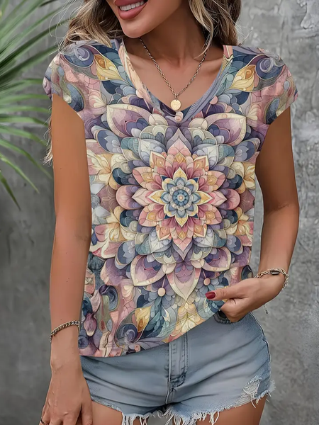 

Women Floral Short Sleeve Tee T-shirt V Neck Printing Casual Summer Graphic Tee Top, As picture, T-Shirts