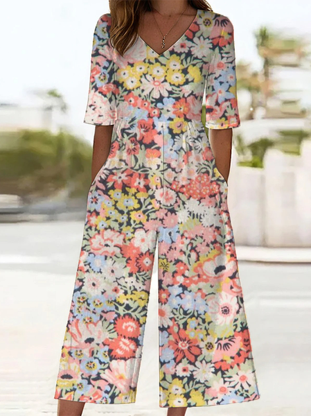 

Women Floral V Neck Half Sleeve Casual Summer Jumpsuit, As picture, Jumpsuits＆Rompers
