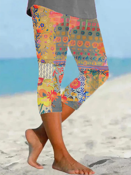 

Women Floral Capris Elastic Waist Pants Casual Summer Trousers, Yellow, Leggings