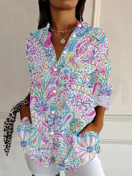 

Women Floral Long Sleeve Shirt Spring/Fall Buckle Shirt Collar Daily Casual Top, As picture, Shirts