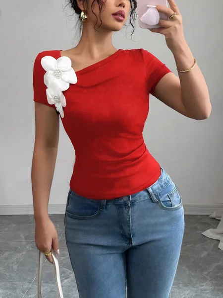 

Urban Plain 3D Floral Asymmetrical T-shirt, Red, Tees