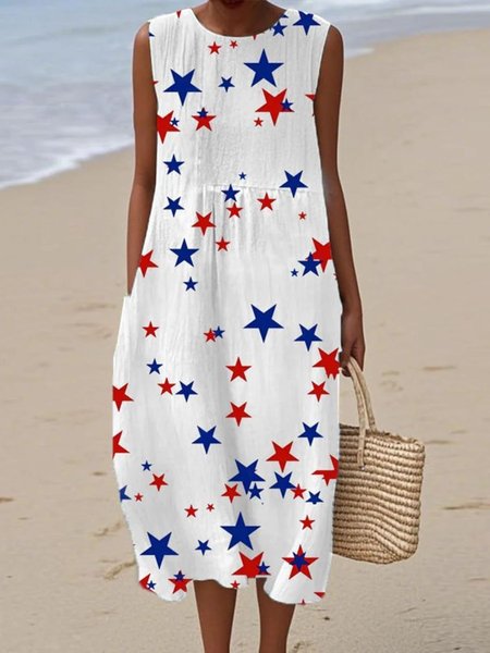 

Women America Flag Summer Dress Crew Neck Sleeveless A-Line Dress, White, Dresses