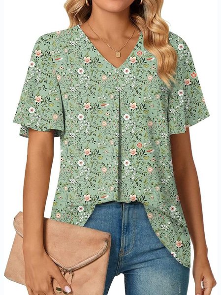 

V Neck Short Sleeve Floral Regular Micro-Elasticity Regular Fit Shirt For Women, Aqua, Shirts