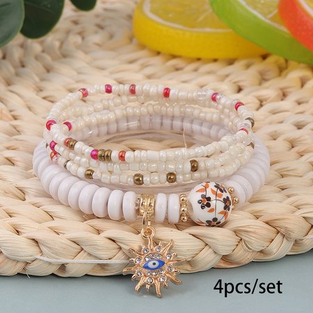

Hot Selling Bohemian Style Multi-layer Rice Bead Bracelet Stacked With Evil Eye Pendant Handmade Adjustable Jewelry, Beige, Bracelets