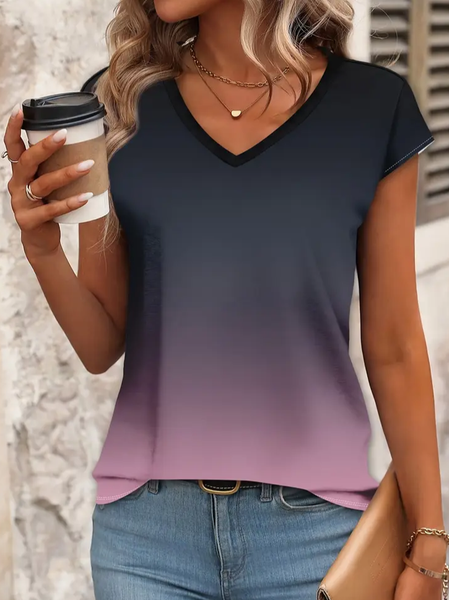 

Women Ombre Short Sleeve Tee T-shirt V Neck Printing Casual Summer Graphic Tee Top, As picture, T-Shirts