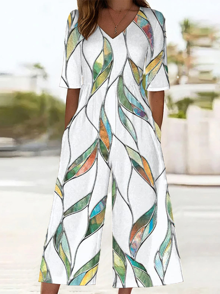 

Women Floral V Neck Half Sleeve Casual Summer Jumpsuit, White, Jumpsuits＆Rompers