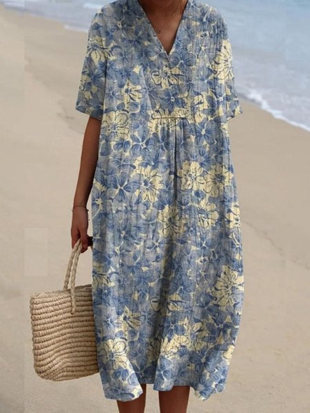 

Women Floral Summer Dress V Neck Short Sleeve A-Line Dress, Blue, Dresses