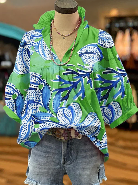 

Shawl Collar Half Sleeve Floral Regular Loose Blouse For Women, As picture, Blouses
