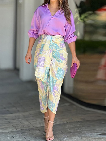 

Women Geometric Printing Two-Piece Set Daily Three Quarter Sleeve Casual Spring/Fall Top With Skirt Matching Set, Purple, Suit Set