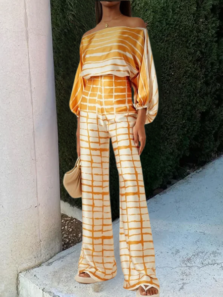 

Women Striped Printing Dolman Sleeve Two-Piece Set Daily Half Sleeve Casual Summer Top With Pants Matching Set, Yellow, Suit Set