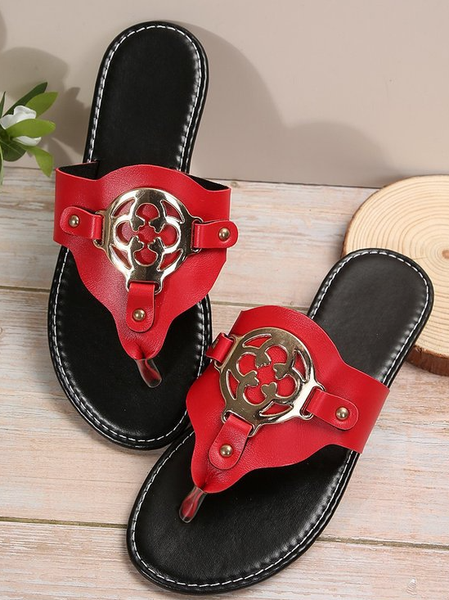 

Ladies Spot Flip Flops Pu Shoes Metal Buckle Sandals Hardware Buckle Summer Flat Slippers, Red, Slippers