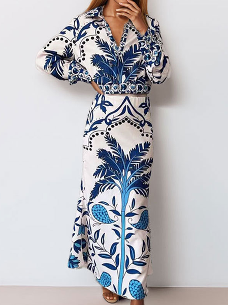 

Women Geometric Printing Two-Piece Set Daily Long Sleeve Casual Spring/Fall Top With Skirt Matching Set, Blue, Suit Set