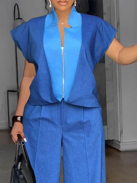 

Denim Urban Color Block Raglan Sleeves Zipper Top, Blue, Blouses and Shirts