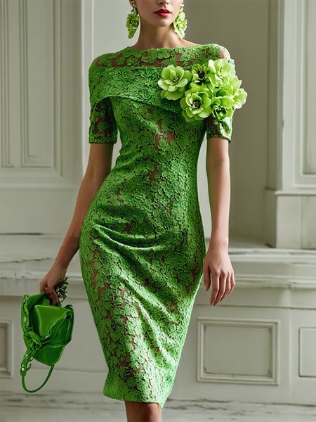 

Lace Elegant 3D Floral Boat Neck Knee Length Party Dress, Green, Midi Dresses