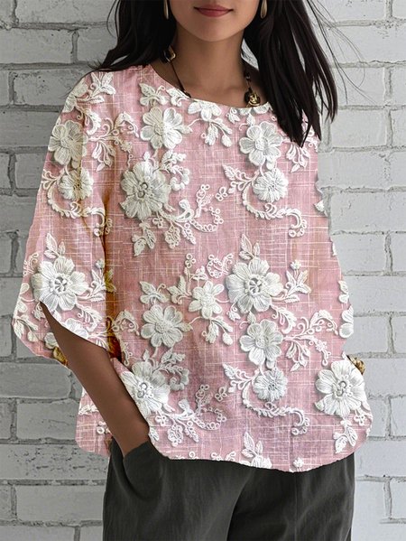 

Women's 3D Floral Print Half Sleeve Casual Blouse, Pink, T-Shirts