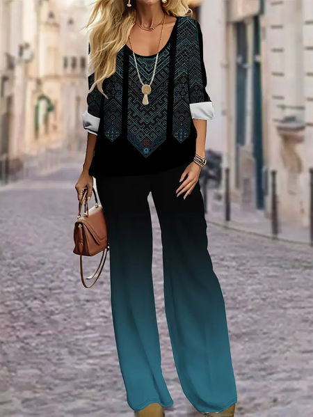 

Women Geometric Printing Two-Piece Set Daily Long Sleeve Casual Spring/Fall Top With Pants Matching Set, Green, Suit Set