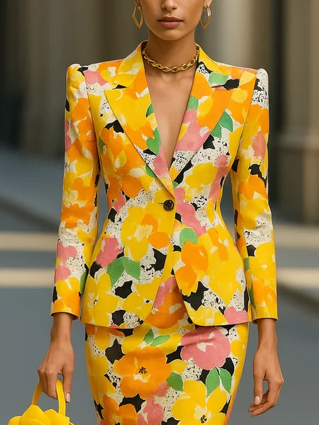 

Urban Printing Floral Lapel Collar Blazer, As picture, Blazers