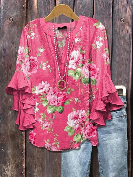 

Women Floral Half Sleeve Shirt Summer Printing V Neck Daily Casual Top, Pink, Shirts