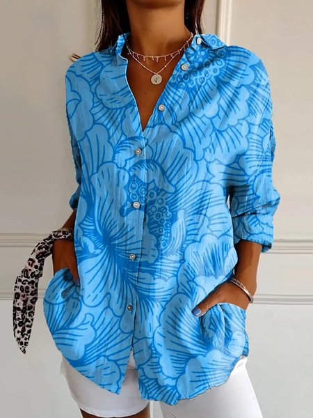 

Casual Floral Shirt Collar Shirt, Blue, Blouses & Shirts