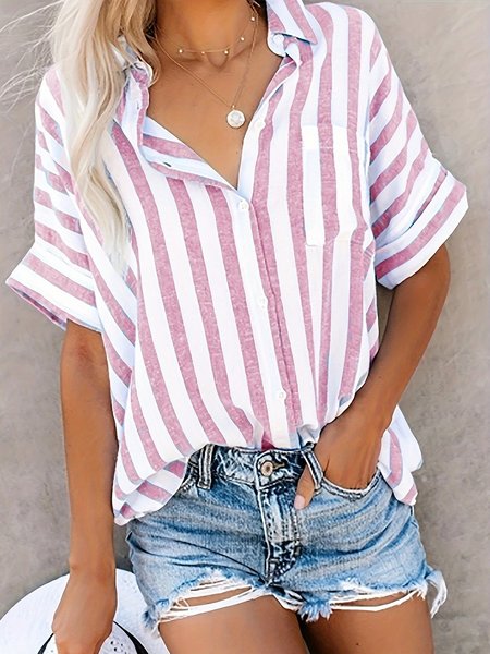 

Casual Striped Shirt Collar Shirt, Pink, Blouses & Shirts