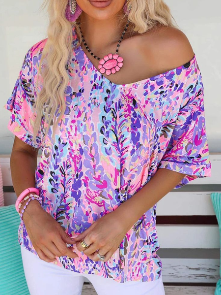 

Crew Neck Short Sleeve Floral Regular Loose Tunic Blouse For Women, Purple, T-shirts