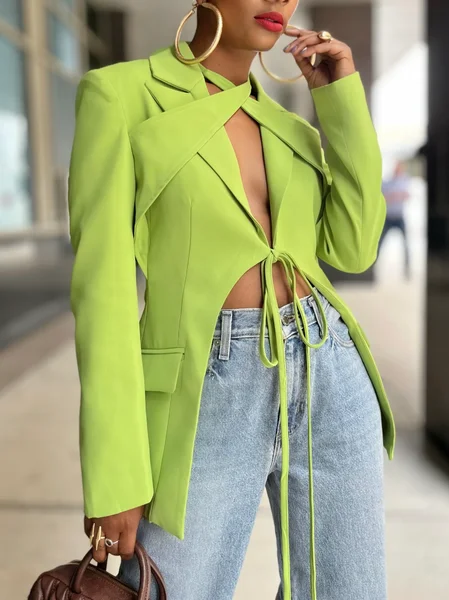 

Casual Lace-up Plain Lapel Collar Blazer, Green, Blazers