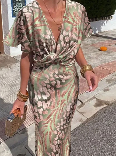 

Women Color Block Short Sleeve Summer Printing Dress V Neck Daily Casual Maxi Hip Skirt A-Line Dress, Green, Dresses