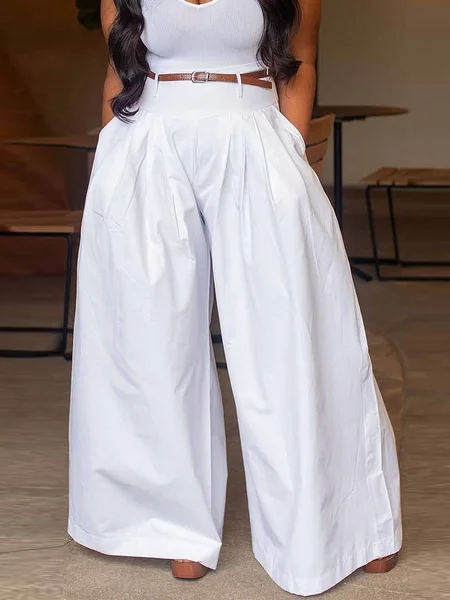 

Casual Plain Pockets Fashion Pants No Belt, White, Pants