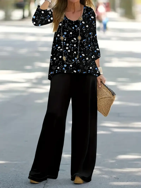 

Women Floral Printing Two-Piece Set Daily Long Sleeve Casual Spring/Fall Top With Pants Matching Set, Black, Suit Set
