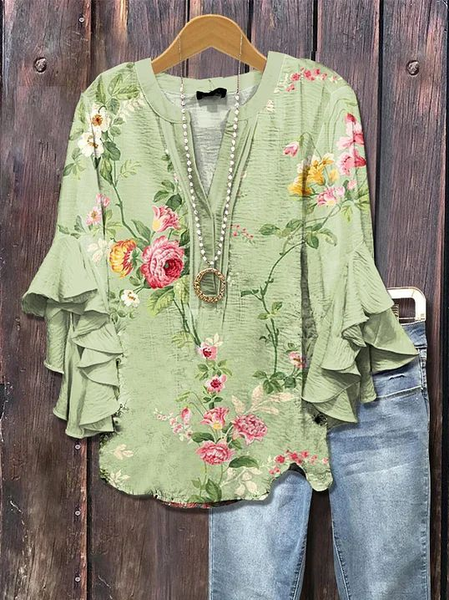 

Women Floral Half Sleeve Shirt Summer Printing V Neck Daily Casual Top, Green, Shirts