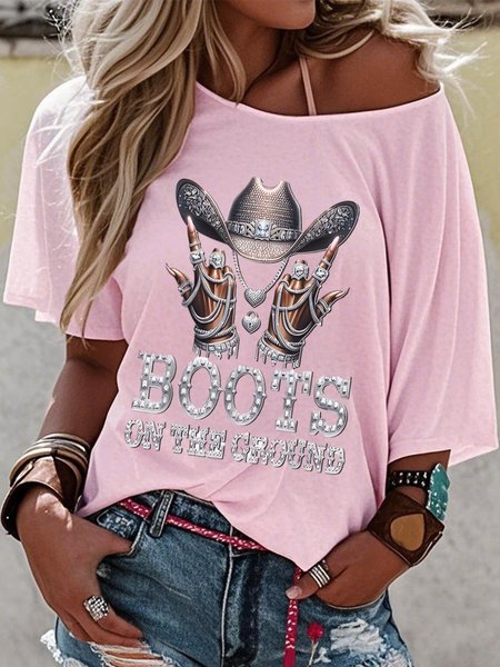 

Vintage Letter Pattern Crew Neck Short Sleeve T-shirt, Pink, T-shirts