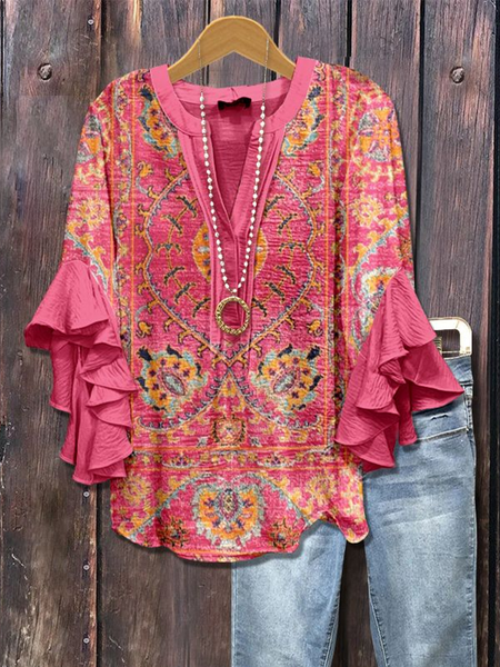 

Women Floral Half Sleeve Shirt Summer Printing V Neck Daily Casual Top, Pink, Shirts