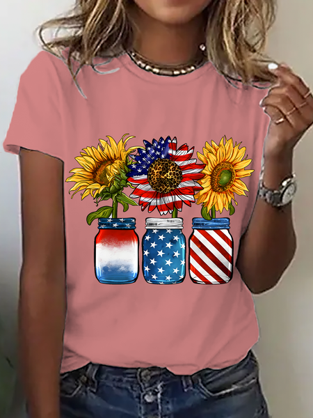 

Casual Flag Crew Neck Short Sleeve T-shirt, Orange pink, T-shirts