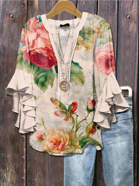 

Women Floral Half Sleeve Shirt Summer Printing V Neck Daily Casual Top, Apricot, Shirts
