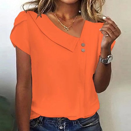 

Women Striped Short Sleeve Tee T-shirt Asymmetrical Buckle Casual Summer Top, Orange, T-Shirts