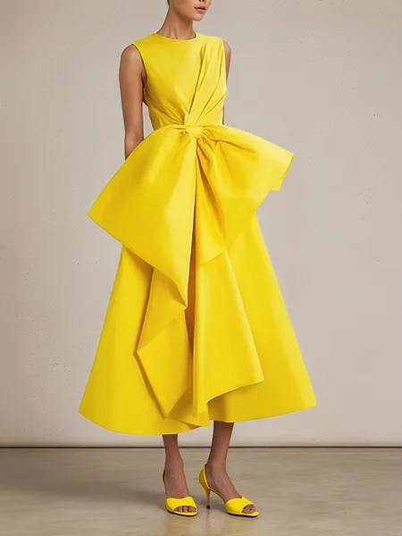 

Elegant Plain Bow Crew Neck Midi Party Dress, Yellow, Midi Dresses