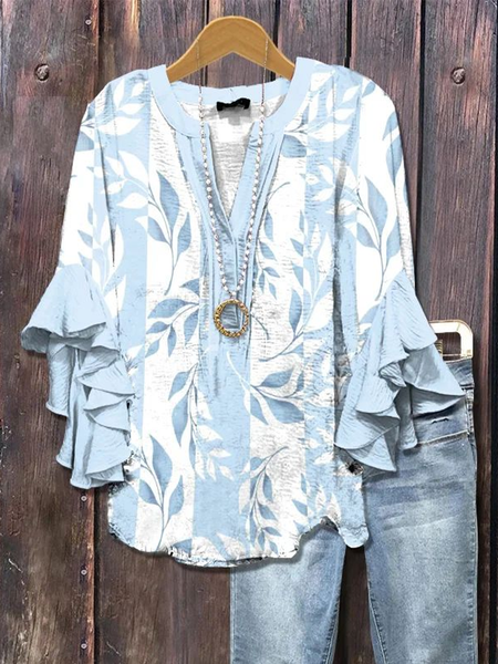 

Women Floral Half Sleeve Shirt Summer Printing V Neck Daily Casual Top, Blue, Shirts