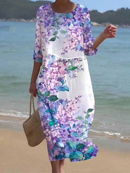 

Vacation Floral Crew Neck Maxi Dress, Purple, Maxi Dresses