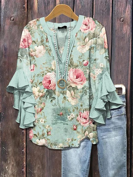 

Women Floral Half Sleeve Shirt Summer Printing V Neck Daily Casual Top, Green, Shirts