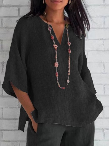 

V Neck Half Sleeve Plain Regular Micro-Elasticity Loose Blouse For Women, Black, Blouses
