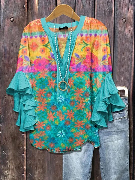 

Women Floral Half Sleeve Shirt Summer Printing V Neck Daily Casual Top, Cyan, Shirts