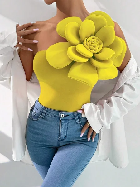 

Urban Plain 3D Floral One Shoulder Tank Top, Yellow, Tanks and Camis